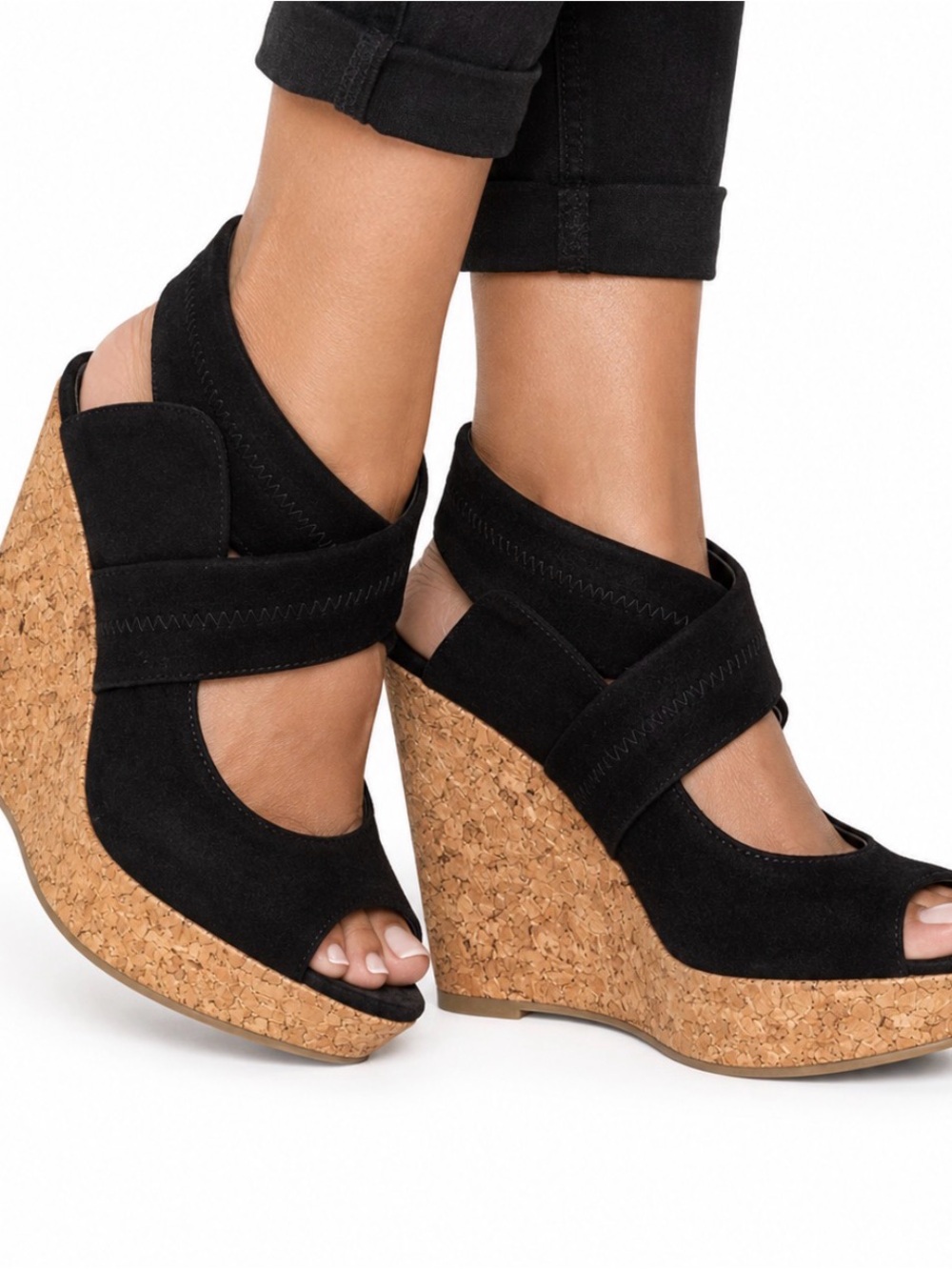 Audrey Brooke Kate Cork Wedge Sandals Black Cork Wedge Peep-Toe Sandals SZ 6.5
